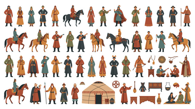 Kazakh nomad people and traditional lifestyle items in color art.
