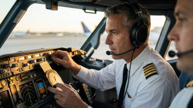 A professional pilot attentively operating a flight's controls during takeoff with focus on cockpit airplane aviation control panel.