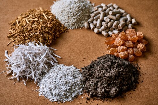 Circular arrangement of crop residue, shredded fiber, pellets, amber fuel, water residue, and compos