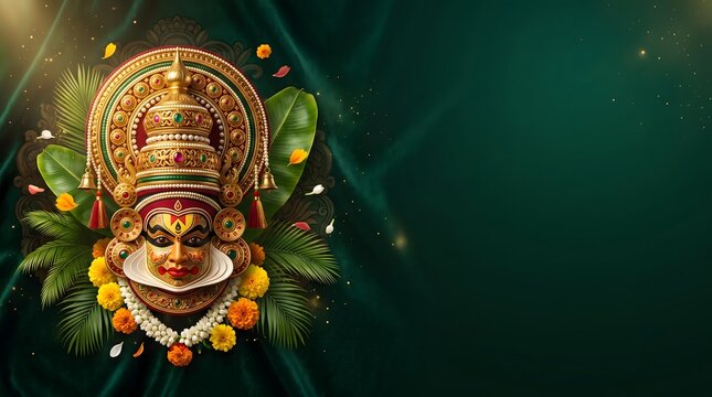 Kathakali face mask onam festival celebration background with floral decorations