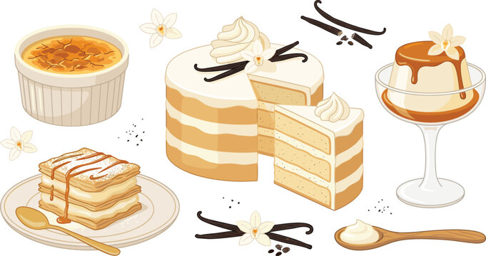 Gourmet Vanilla Dessert Vector Illustration Set Featuring Layered Cake Creme Brulee Panna Cotta and Mille Feuille Pastry for Bakery Graphic Designs