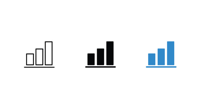 Bar graph icons in black outline and blue variations on white background