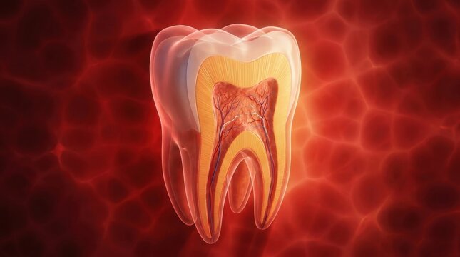 Detailed cross section of a human molar tooth showing enamel dentin pulp nerves and blood vessels