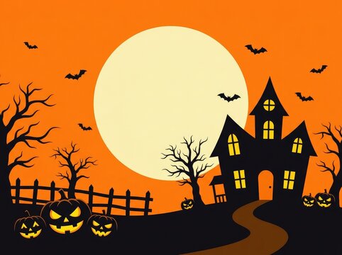 A spooky halloween background featuring a haunted house silhouette with glowing windows pumpkins and a large full moon at night time