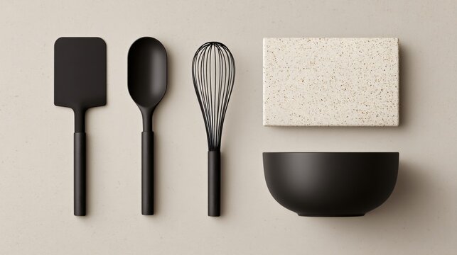 crepe-making tools layout spreader, spatula, mixing bowl, whisk, artistic culinary flat lay, minimalist kitchen background