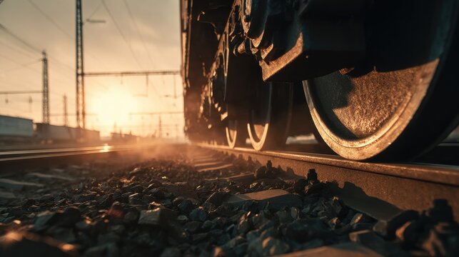 Low angle view of a train wheel on tracks at sunset with dust particles. Perfect for railway industry and.