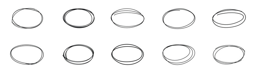 Obraz na płótnie Canvas Hand-drawn chalk pencil ovals of different widths. Doodle marks circle and oval stroke. Outline red drawing line clipart symbol.
