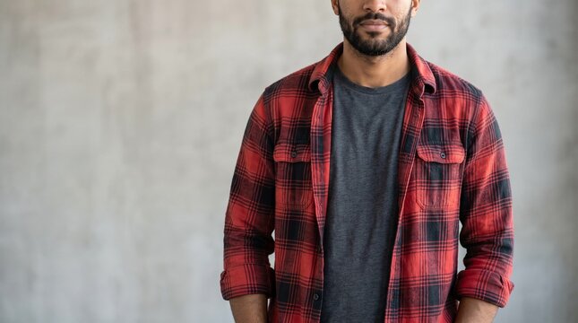 Stylish flannel shirt fashion, Man with beard wearing plaid shirt and gray t-shirt against wall  