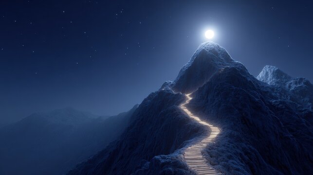 Lit path on a dark mountain under the moon. Concept for achieving goals.