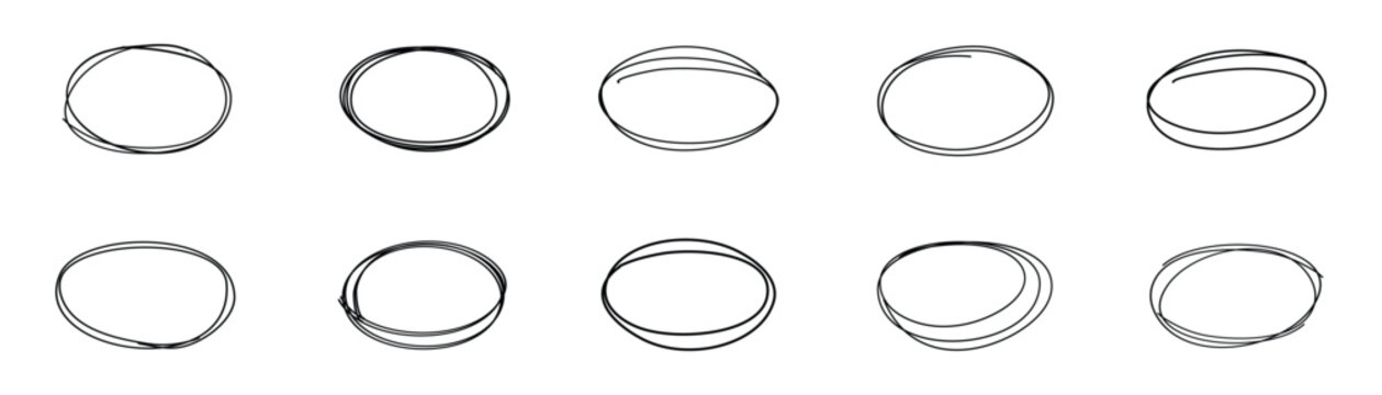 Hand-drawn chalk pencil ovals of different widths. Doodle marks circle and oval stroke. Outline red drawing line clipart symbol.