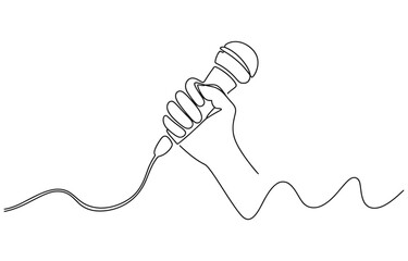 Obraz premium Continuous One Line Drawing of a Hand Holding a Microphone.