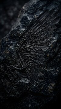Dark fossilized bird wing on black stone digital illustration