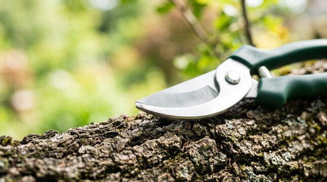 Sharp steel secateurs blade resting on rough tree bark - Concept of Tree pruning  