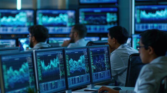Analysts Monitoring Automated Trading Operations in High - Tech Control Room