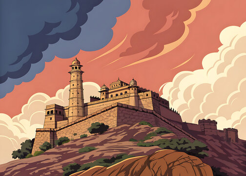 Chittorgarh Fort on rocky hill, premium vector illustration, vibrant limited palette, dramatic clouds, geometric composition