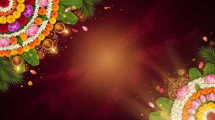 Obraz premium Onam festival background with pookalam floral rangoli with floral decoration glowing