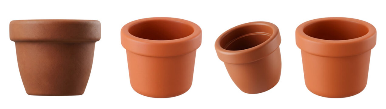 Multiple empty terracotta flower pots arranged in various angles and orientations for gardening hobbyists shown clearly on transparent background