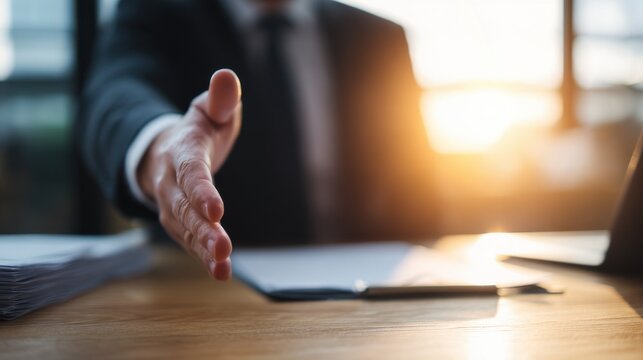 Businessman in suit extending hand for a handshake across office desk. Professional partnership concept.