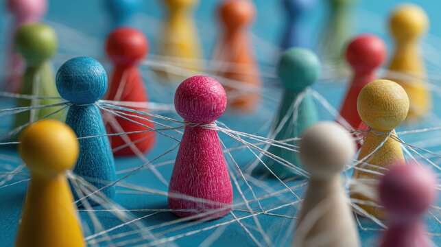 Colorful wooden pawns connected with white strings on blue background. Concept for social networking.