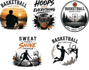 Vintage Basketball Badge Collection – Sports T-Shirt, Streetball and Hoop Vector Set © Dsignsy