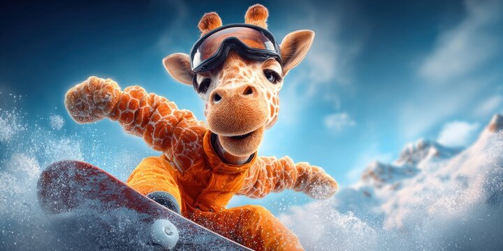 Whimsical giraffe in ski goggles snowboarding down a snowy mountain slope
