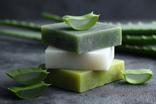 Stack of handmade aloe vera soaps with fresh plant slices on dark background. Ideal for organic cosmetic.