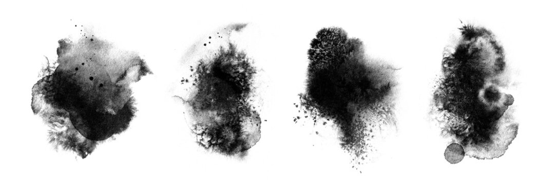 Abstract halftone ink blob, grunge art set. Black paint stroke texture. Wallpaper design. Hand drawn watercolor isolated illustration