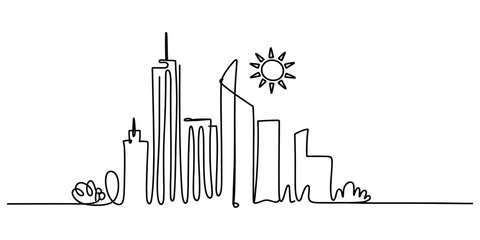 Fototapeta premium Continuous single line drawing of a modern city skyline with tall buildings and a bright sun isolated on a clean white background for design Vector, illustration