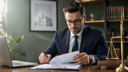 Fototapeta premium A focused lawyer signing legal documents while working on a laptop and surrounded by symbols of law and academia with focus on suit tie glasses document.