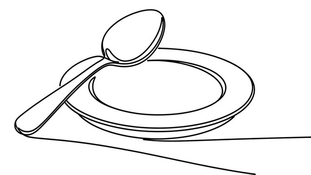 Empty plate and spoon on white background.