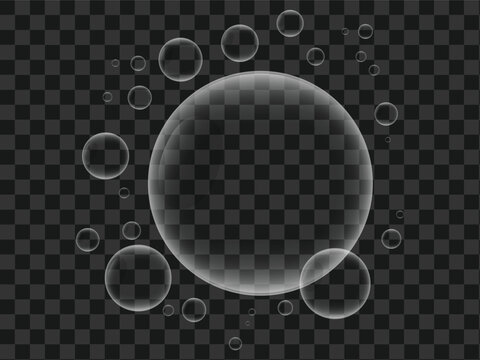 Transparent water bubbles floating on a dark background isolated element for graphic design and digital art projects