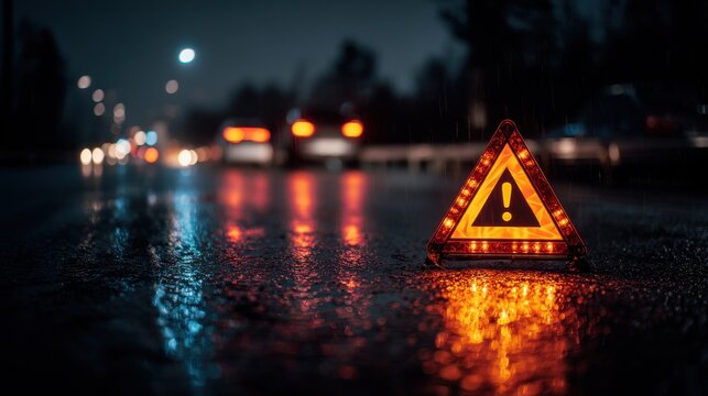 Warning triangle on wet highway during a rainy night with car lights in the background. Road safety and.