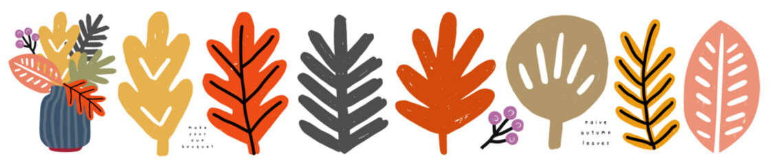 Obraz premium Autumn leaves. Naive vector illustrations of stylized playful abstract leaves, berries, tree and a decorative bouquet on transparent background for seasonal print, card, icons and nursery decor