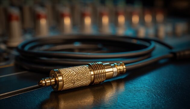 Gold audio jack and cable on mixing console background. Music production concept for studio ads.