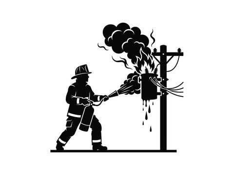 Firefighter using a fire extinguisher on a burning electrical utility pole in a black and white silhouette