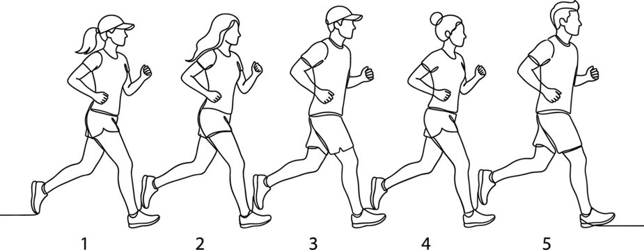 Continuous Line Art Running People Vector Set with Men and Women Jogging Side by Side for Fitness Apps Marathons and Sports Event Branding