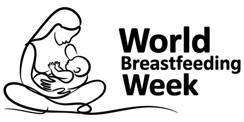 Obraz premium Black and white line art illustration of a mother breastfeeding her baby for world breastfeeding week sign with simple text design and clean look Vector, illustration