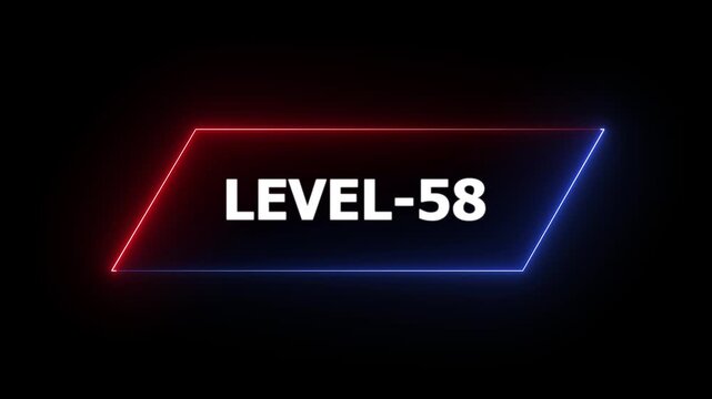 Glowing neon Level-58 text animation on black background. Game concept next level. Level Up text in the neon frame . Neon level up text animation .4k motion video.
