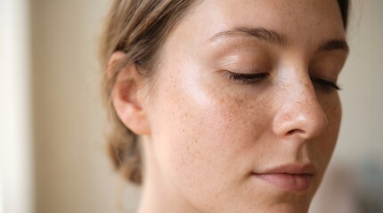 Fototapeta premium A close up portrait of a young woman with natural skin and freckles.