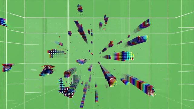 Thousands of floating digital pixels dissolving outward, isolated on green chroma background, futuristic transition effect, realistic digital particle animation style, HDR, centered composition