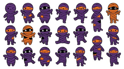 A large collection of cute cartoon mummy characters in various poses for halloween party decoration and spooky holiday design element set