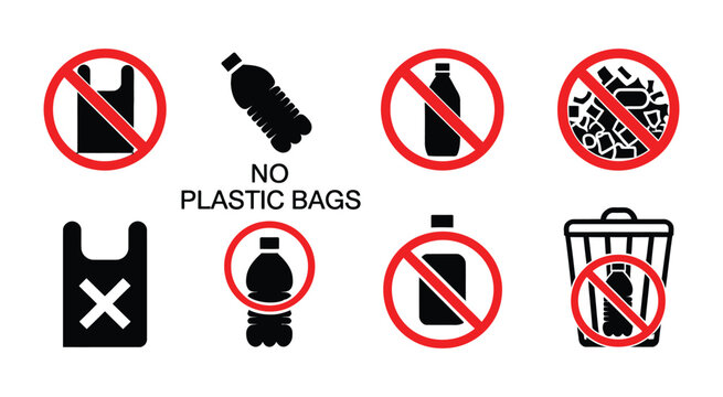 No plastic prohibition signs vector illustration featuring waste symbols, ecological alternatives, recycling concepts, sustainable lifestyle, and environmental protection.