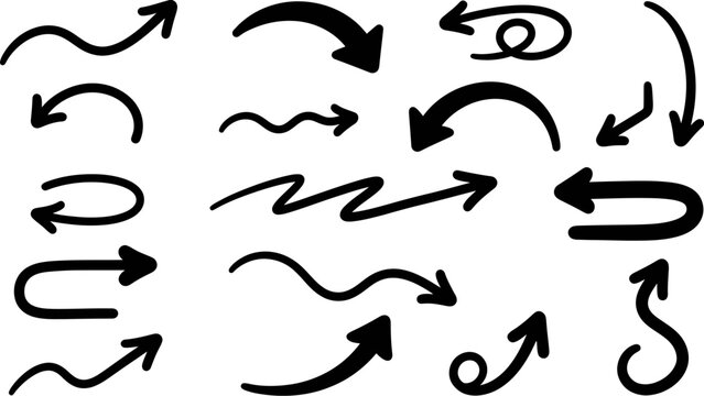 Collection of various black hand drawn arrows and signs for design elements and visual cues
