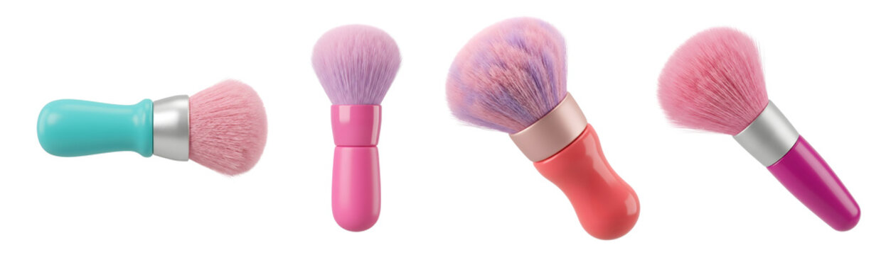 Cosmetic makeup brushes with soft pink bristles and colorful ergonomic handles arranged in a row for beauty services on transparent background