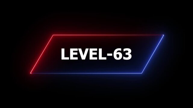 Glowing neon Level-63 text animation on black background. Game concept next level. Level Up text in the neon frame . Neon level up text animation .4k animation