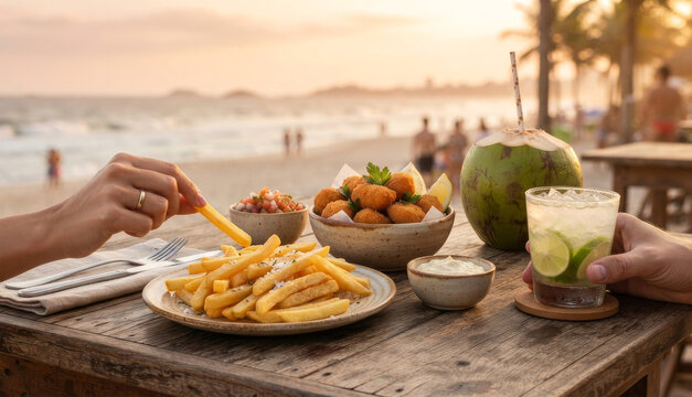 Couple enjoying beach snacks and caipirinhas at a tropical sunset 