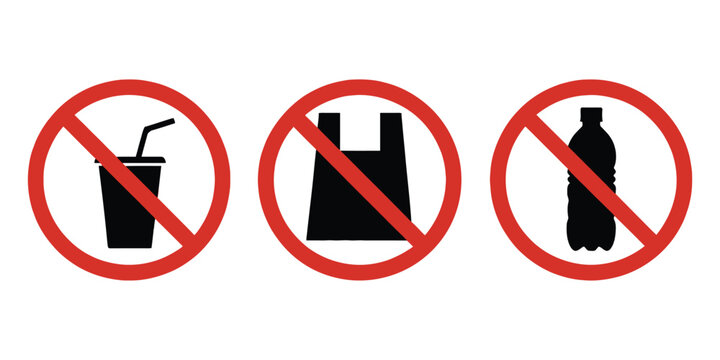 No plastics sign vector illustration featuring no plastic bag, glass bottle, drink cup prohibition symbols, environmental warning labels, and eco awareness concepts.