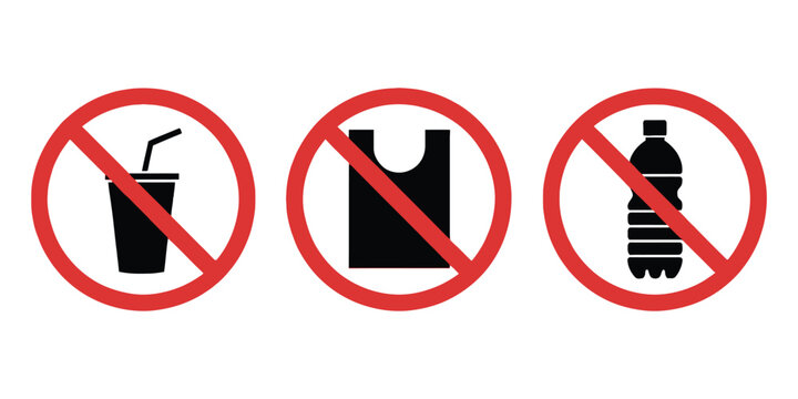 No plastics sign vector illustration featuring no plastic bag, glass bottle, drink cup prohibition symbols, environmental warning labels, and eco awareness concepts.
