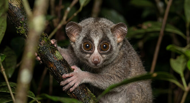 Slender loris close-up portrait clinging to a tree branch at night in a tropical jungle, perfect for nature documentary and biodiversity conservation media