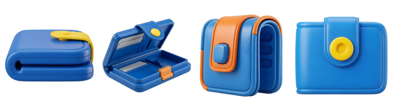 Vibrant blue and orange 3d render icons of open and closed folding wallets displayed as isolated objects on transparent background
